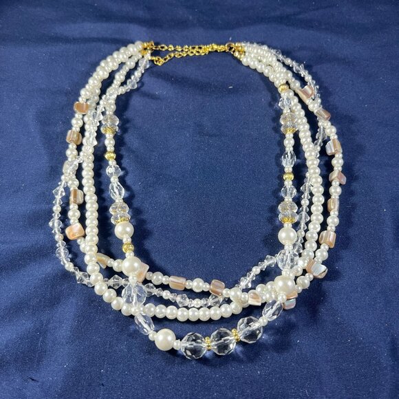 Jewelry - Vintage Multi-Strand Faux Pearl & Crystal Beaded Necklace With Gold Accents